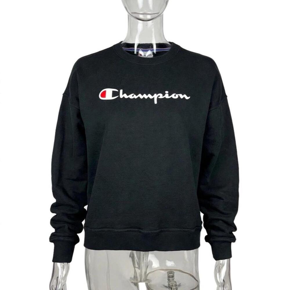 Champion Sweatshirt Mens L Black Script Logo Crewneck Fleece